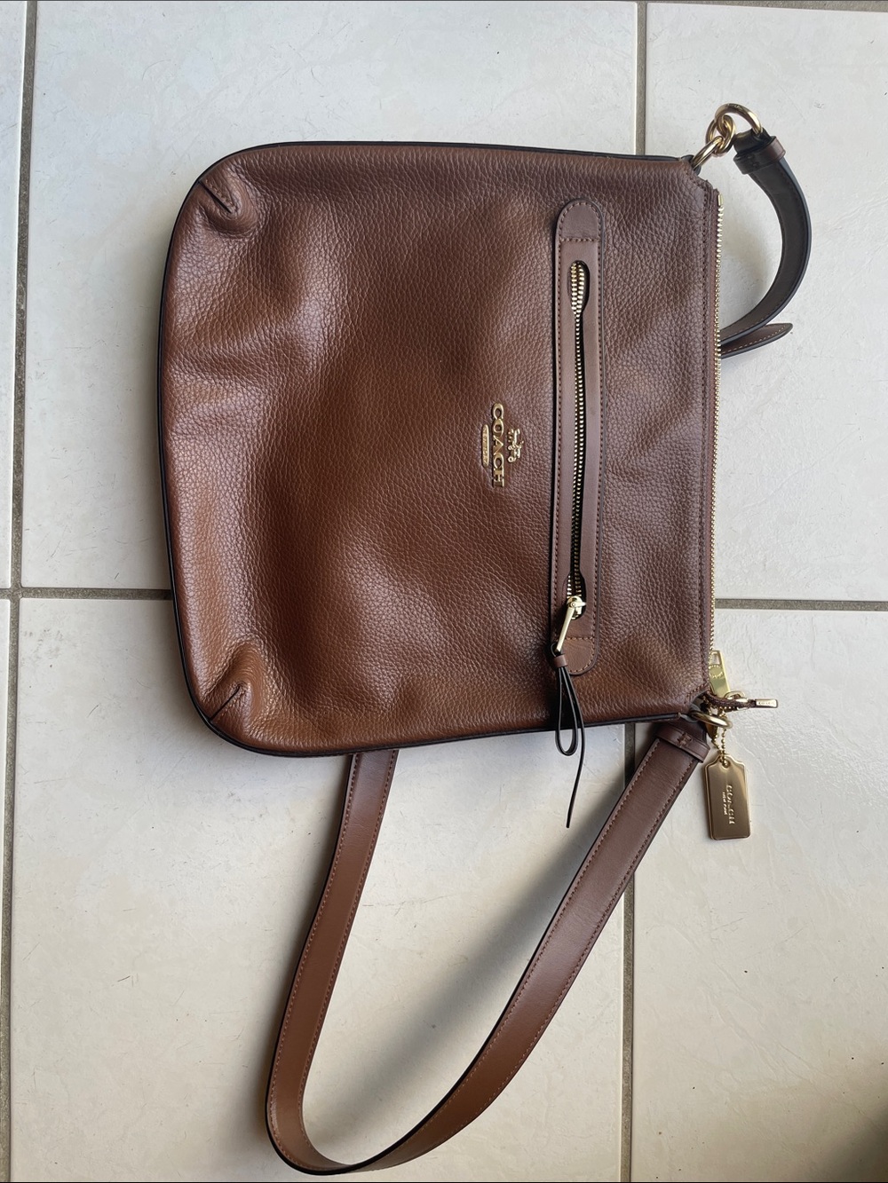 Coach Brown Pebbled Leather Messenger Bag with Gold Hardware